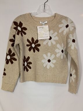NWT Freshman Tan Combo Crewneck Sweater with Daisy Pullover With Clips Sz M 8/10